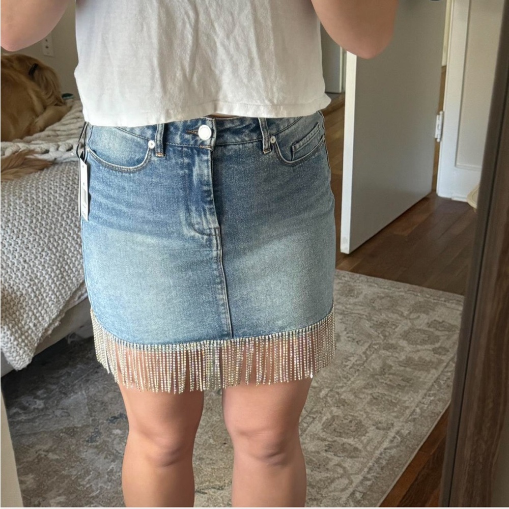 Denim Skirt with Fringe Detail